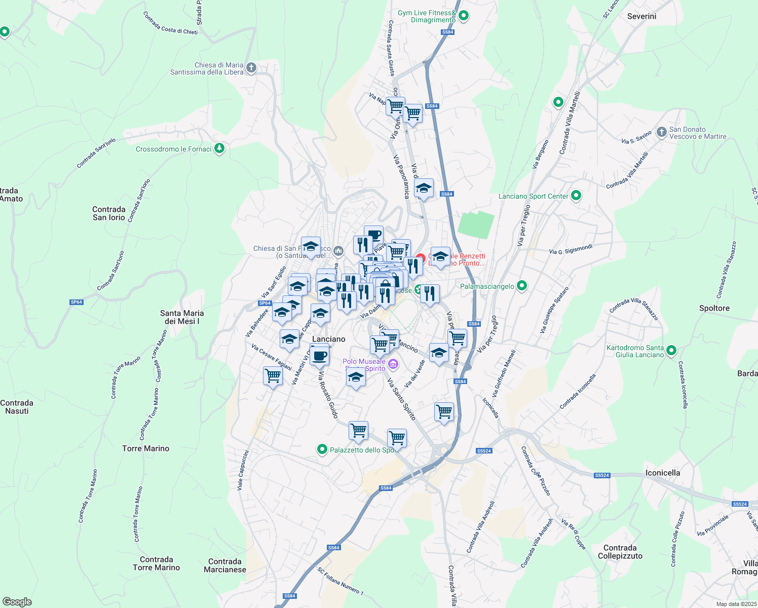 map of restaurants, bars, coffee shops, grocery stores, and more near 13 Via Dalmazia in Lanciano