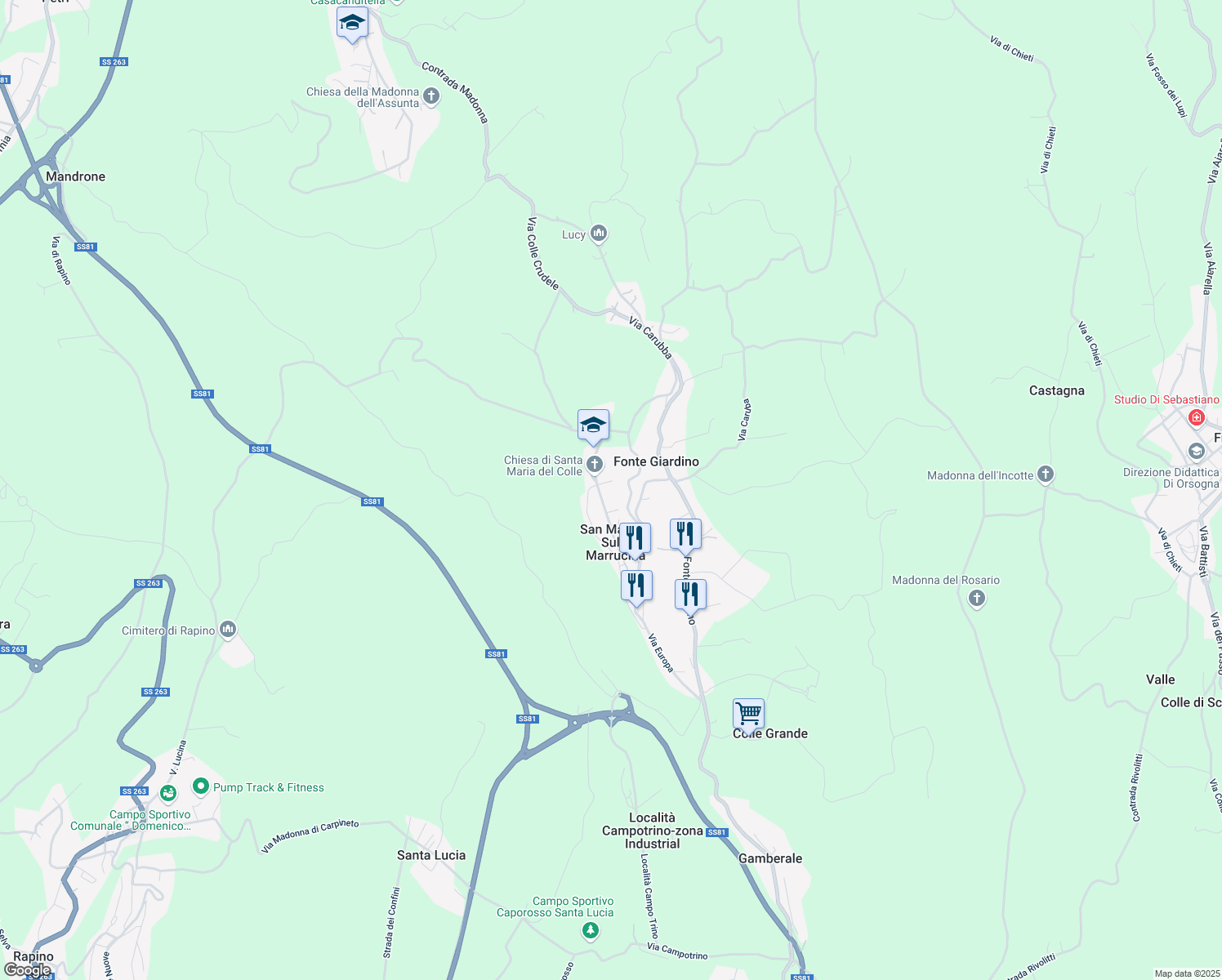 map of restaurants, bars, coffee shops, grocery stores, and more near 66 Via Porta da Capo in San Martino Sulla Marrucina