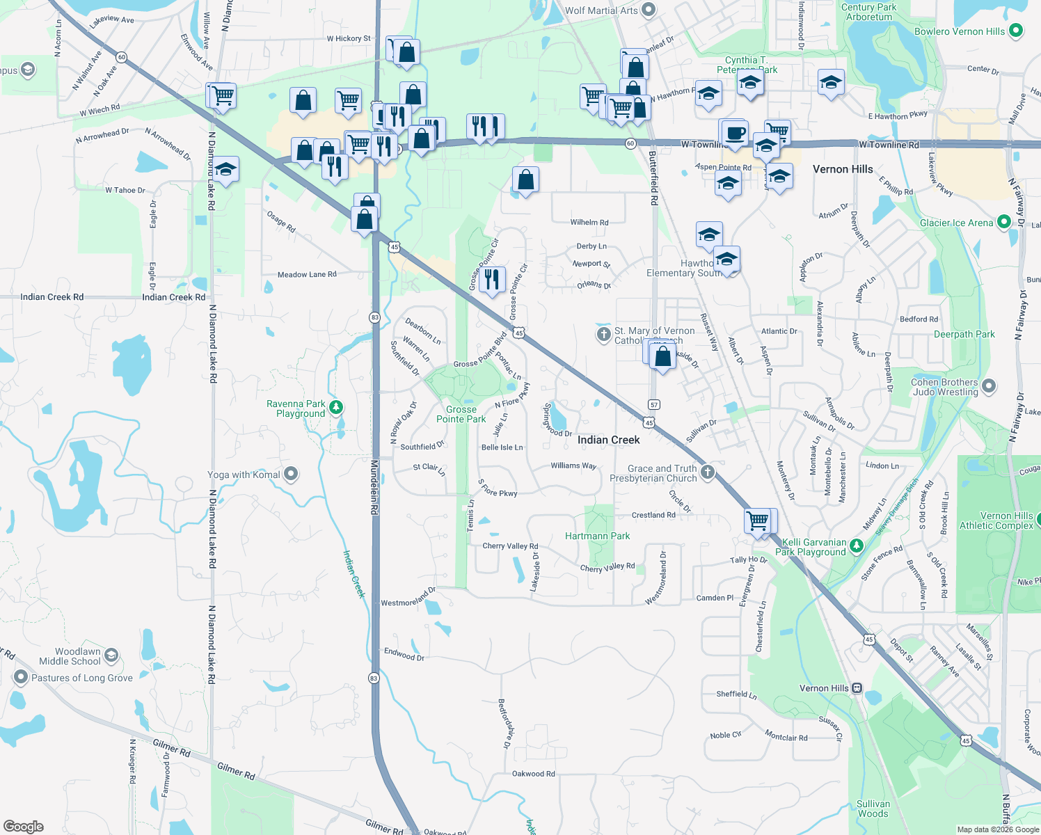 map of restaurants, bars, coffee shops, grocery stores, and more near 98 Sterling Heights Rd in Vernon Hills