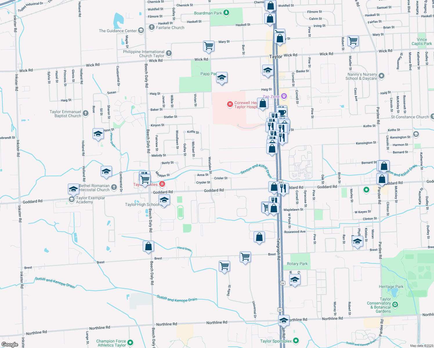 map of restaurants, bars, coffee shops, grocery stores, and more near 24970 Crisler St in Taylor