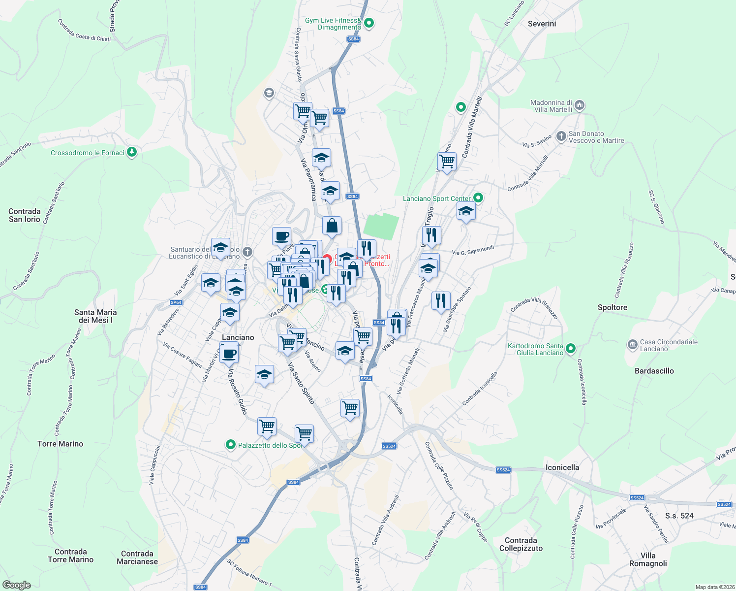 map of restaurants, bars, coffee shops, grocery stores, and more near 6 Via San Antonio in Lanciano