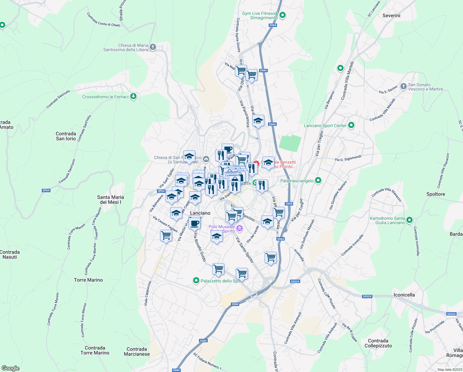map of restaurants, bars, coffee shops, grocery stores, and more near 13 Via Dalmazia in Lanciano