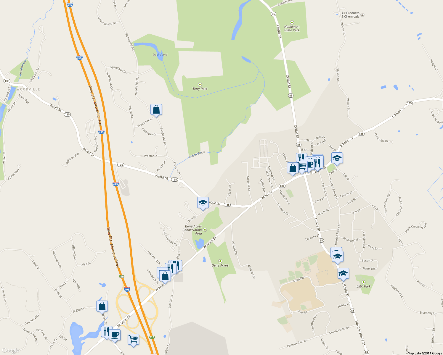 map of restaurants, bars, coffee shops, grocery stores, and more near 21 Oliver Lane in Hopkinton