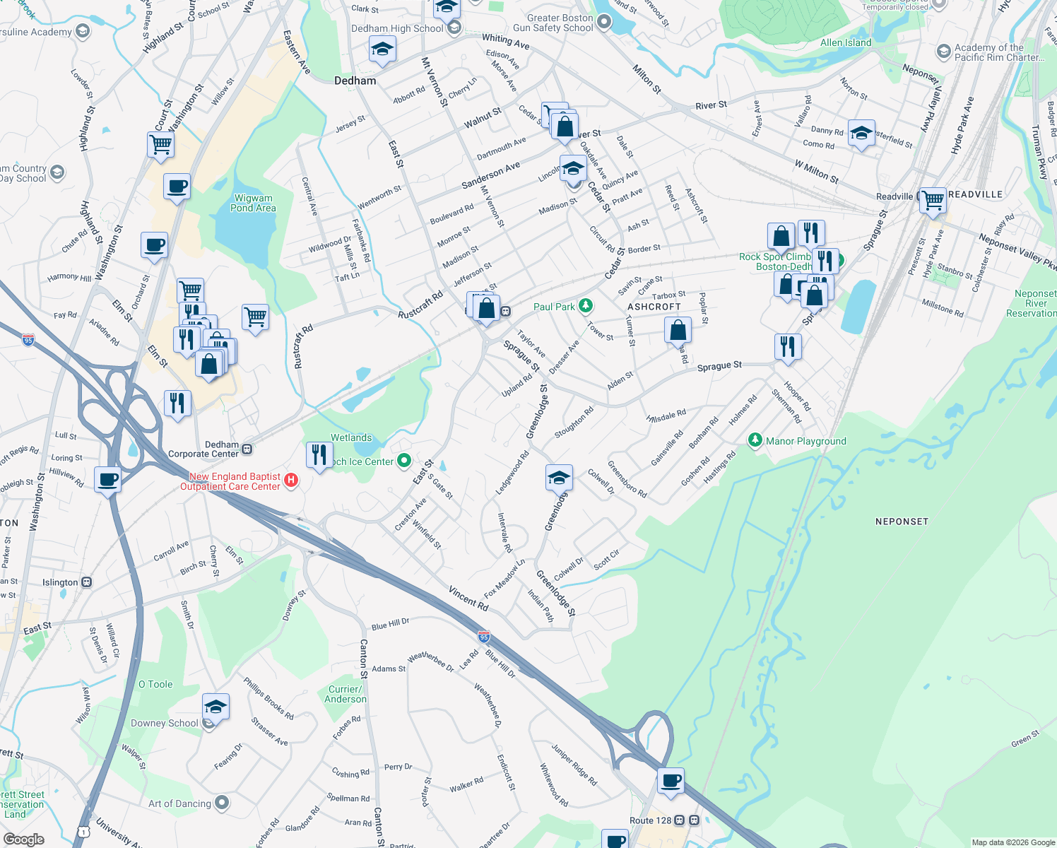 map of restaurants, bars, coffee shops, grocery stores, and more near 75 Greenlodge Street in Dedham