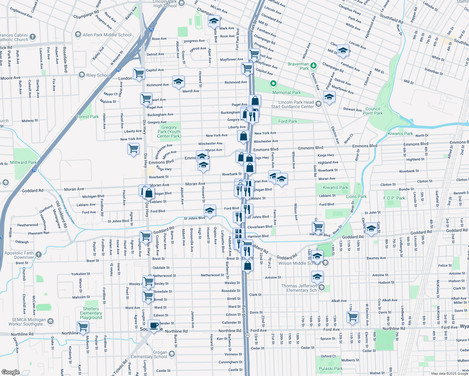 map of restaurants, bars, coffee shops, grocery stores, and more near 1380 Michigan Boulevard in Lincoln Park