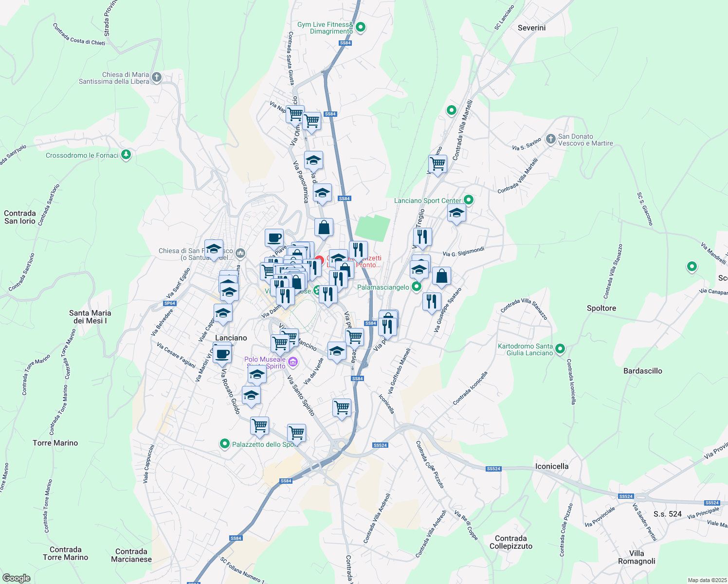map of restaurants, bars, coffee shops, grocery stores, and more near 31 Viale Sant'Antonio in Lanciano
