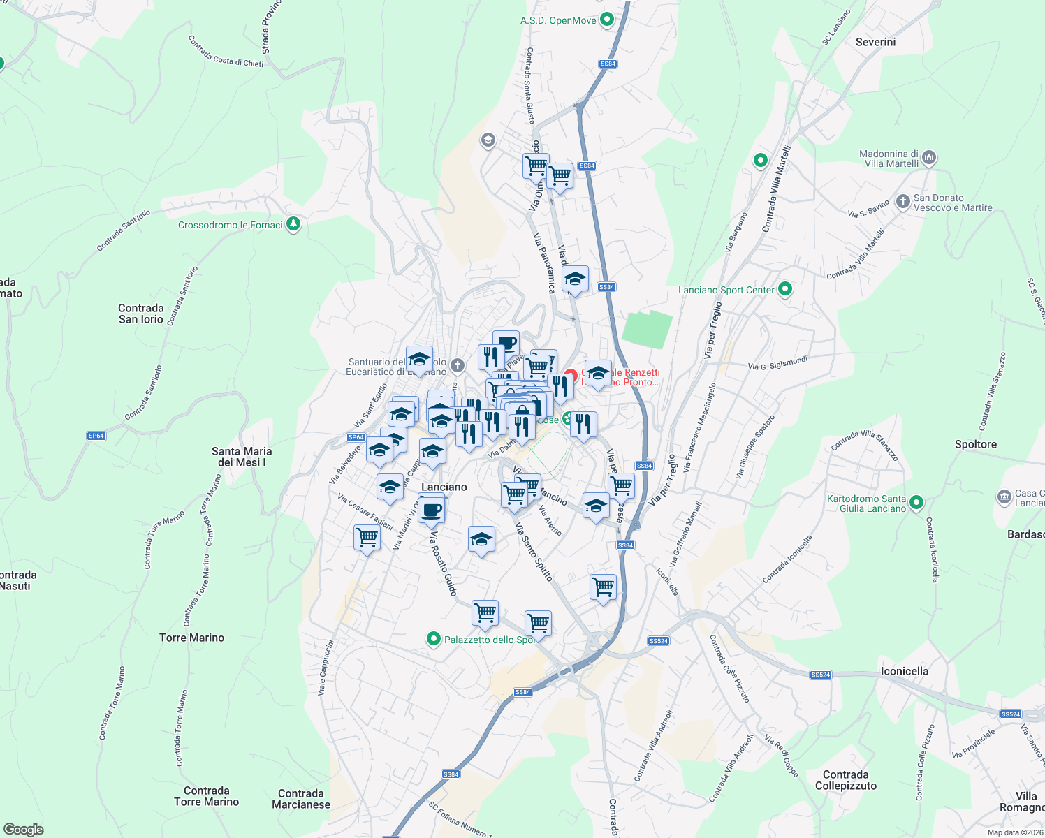 map of restaurants, bars, coffee shops, grocery stores, and more near 13 Via Dalmazia in Lanciano