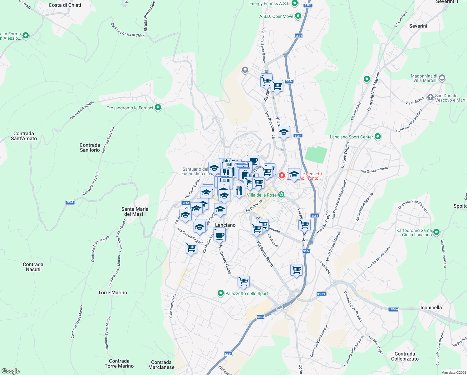 map of restaurants, bars, coffee shops, grocery stores, and more near 56 Corso Trento e Trieste in Lanciano