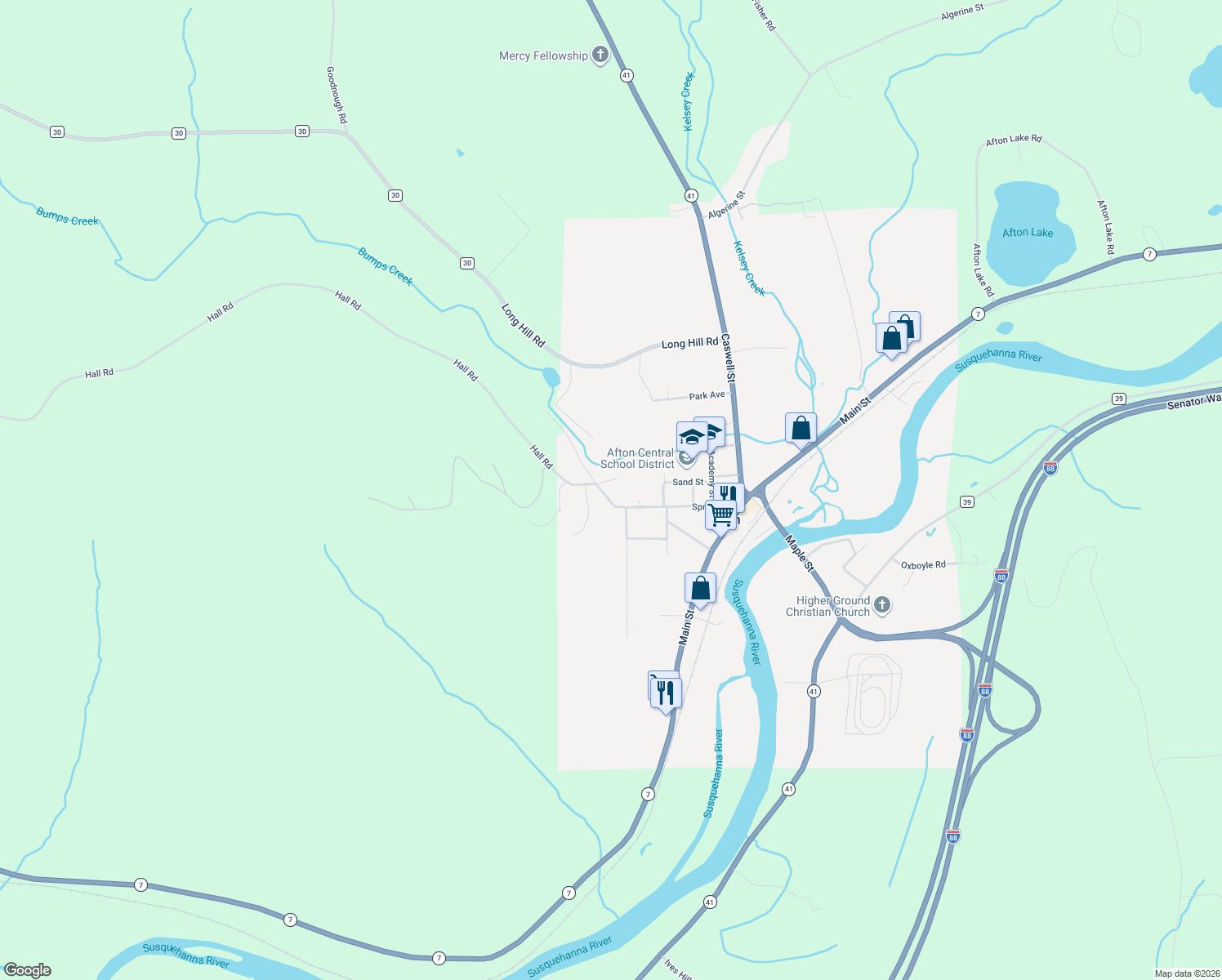 map of restaurants, bars, coffee shops, grocery stores, and more near 84 Spring St in Afton