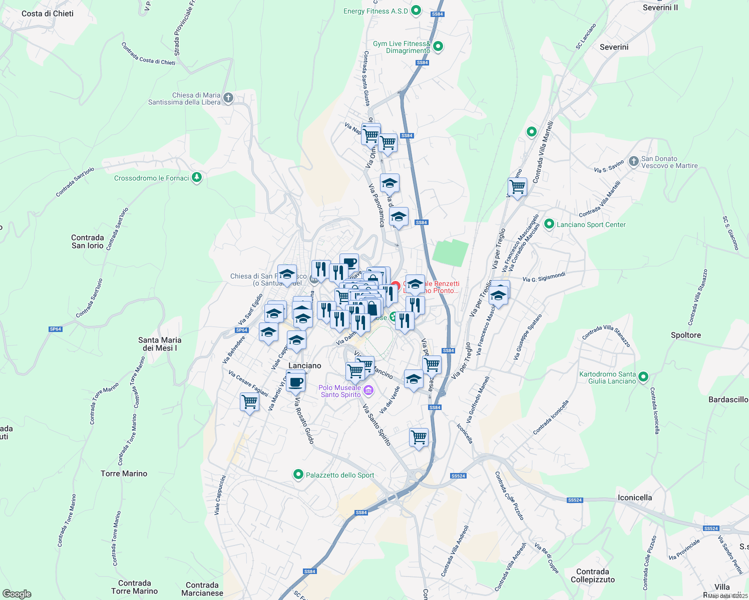 map of restaurants, bars, coffee shops, grocery stores, and more near 79 Via Luigi de Crecchio in Lanciano