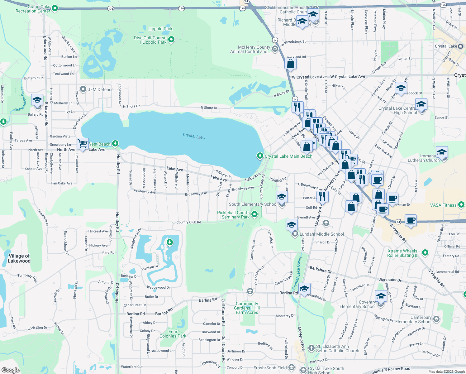 map of restaurants, bars, coffee shops, grocery stores, and more near 750 Broadway Avenue in Crystal Lake