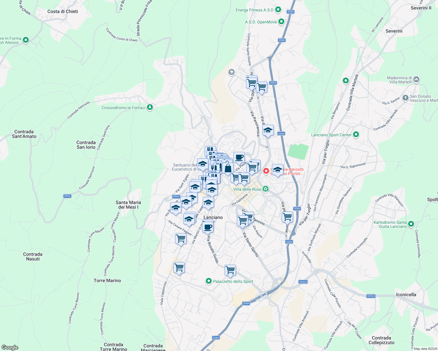 map of restaurants, bars, coffee shops, grocery stores, and more near 36 Corso Roma in Lanciano