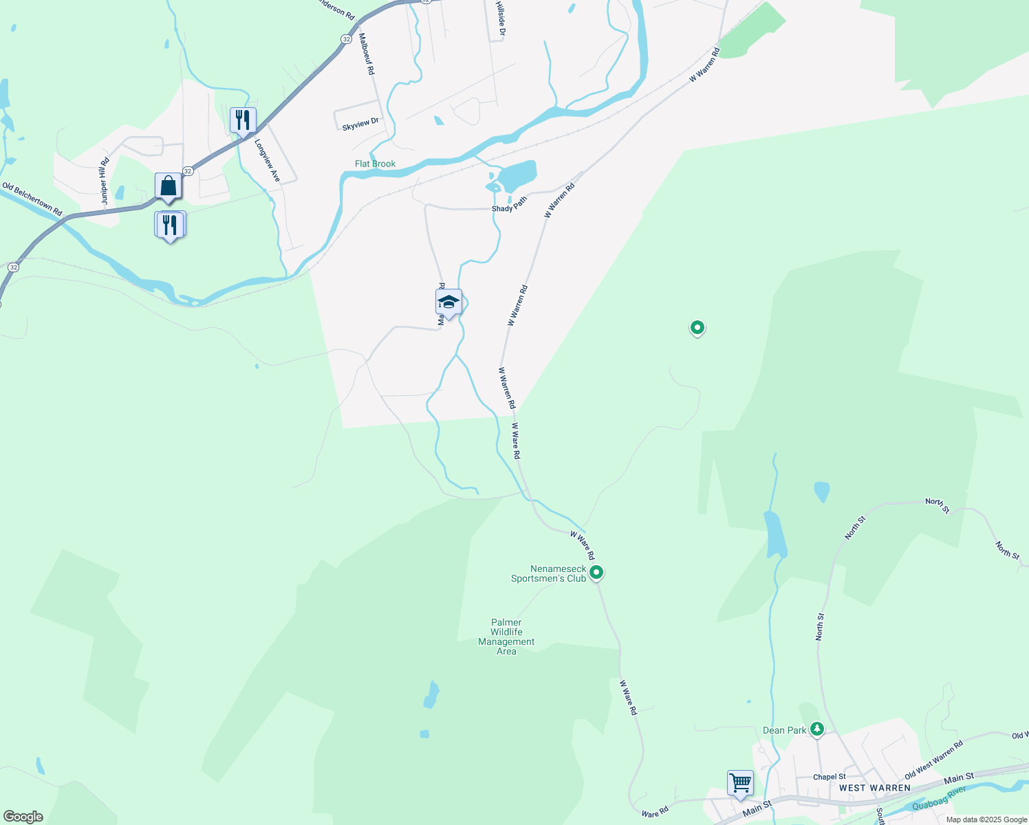 map of restaurants, bars, coffee shops, grocery stores, and more near 98 West Warren Road in Ware