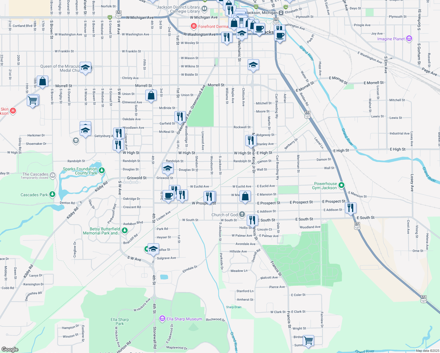map of restaurants, bars, coffee shops, grocery stores, and more near 1528 South Jackson Street in Jackson