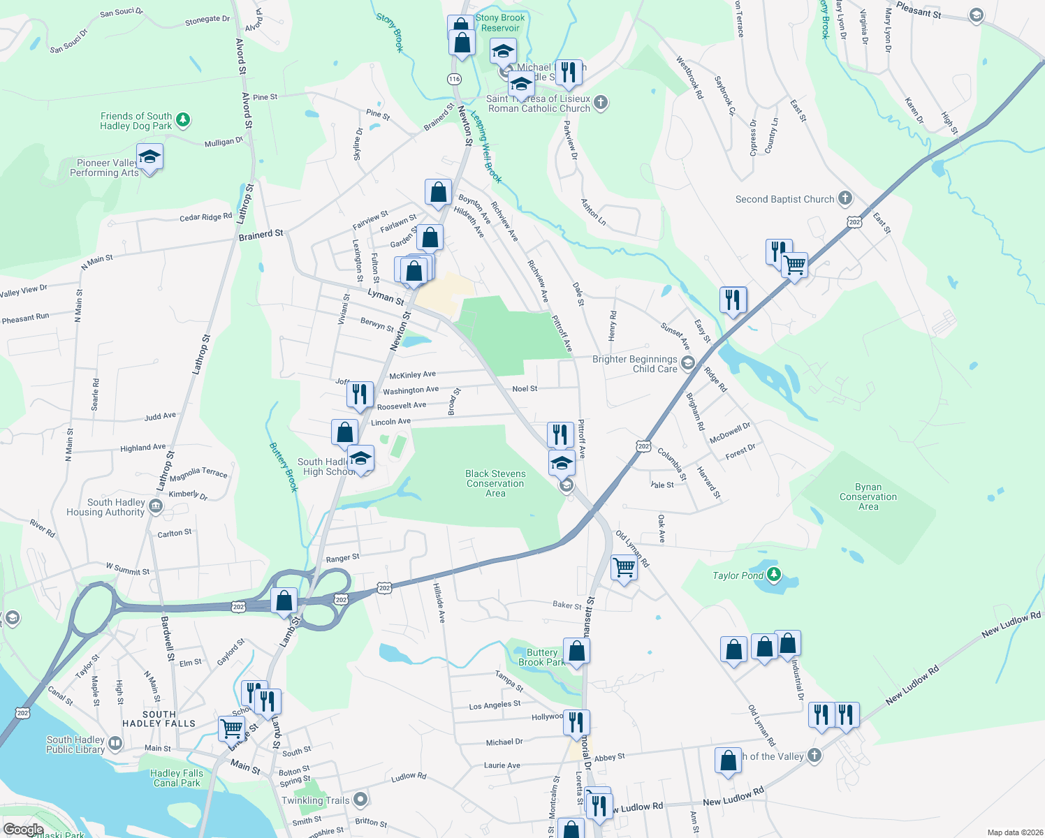 map of restaurants, bars, coffee shops, grocery stores, and more near 40 Lyman Street in South Hadley