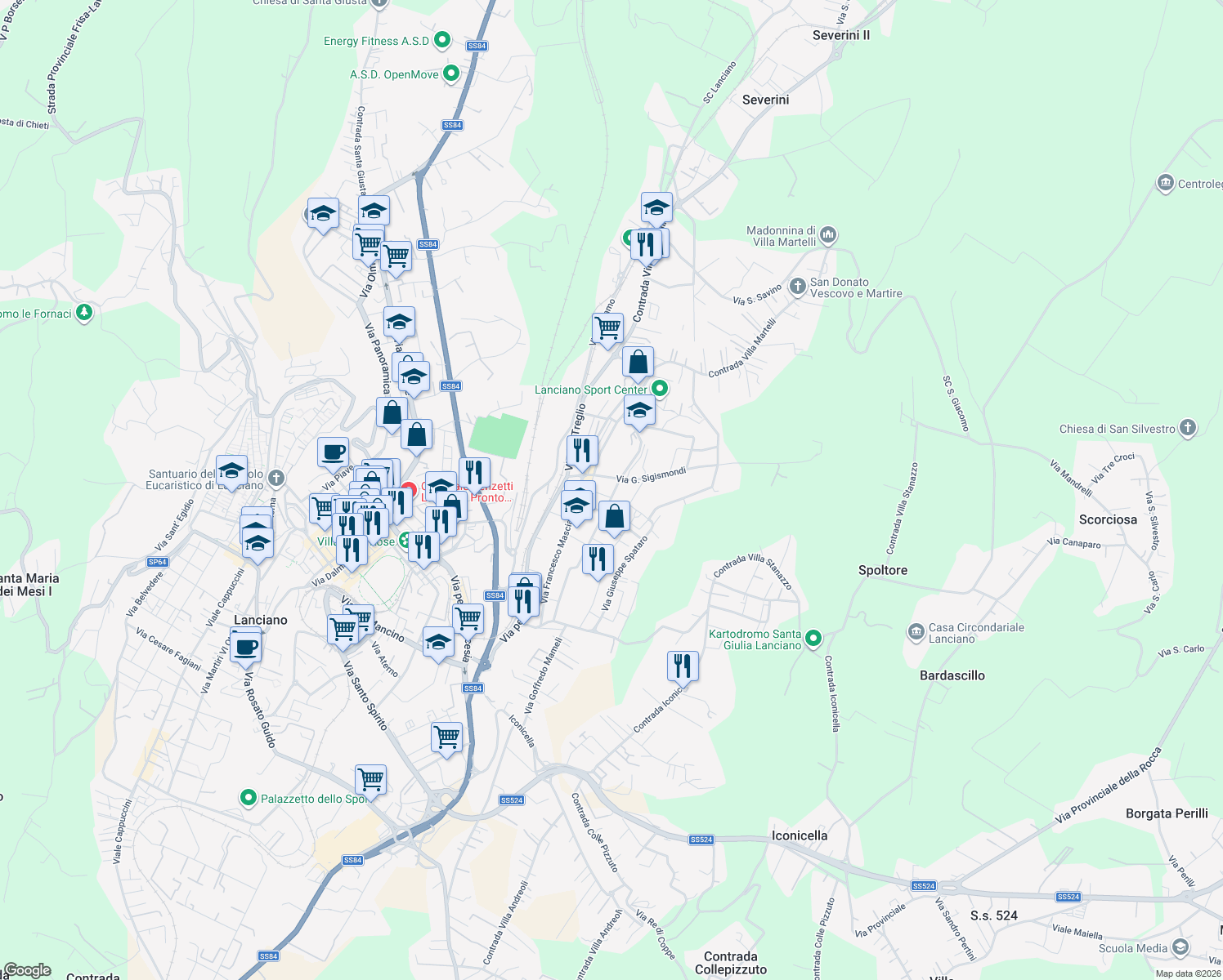 map of restaurants, bars, coffee shops, grocery stores, and more near 1 Via Giulio Sigismondi in Lanciano