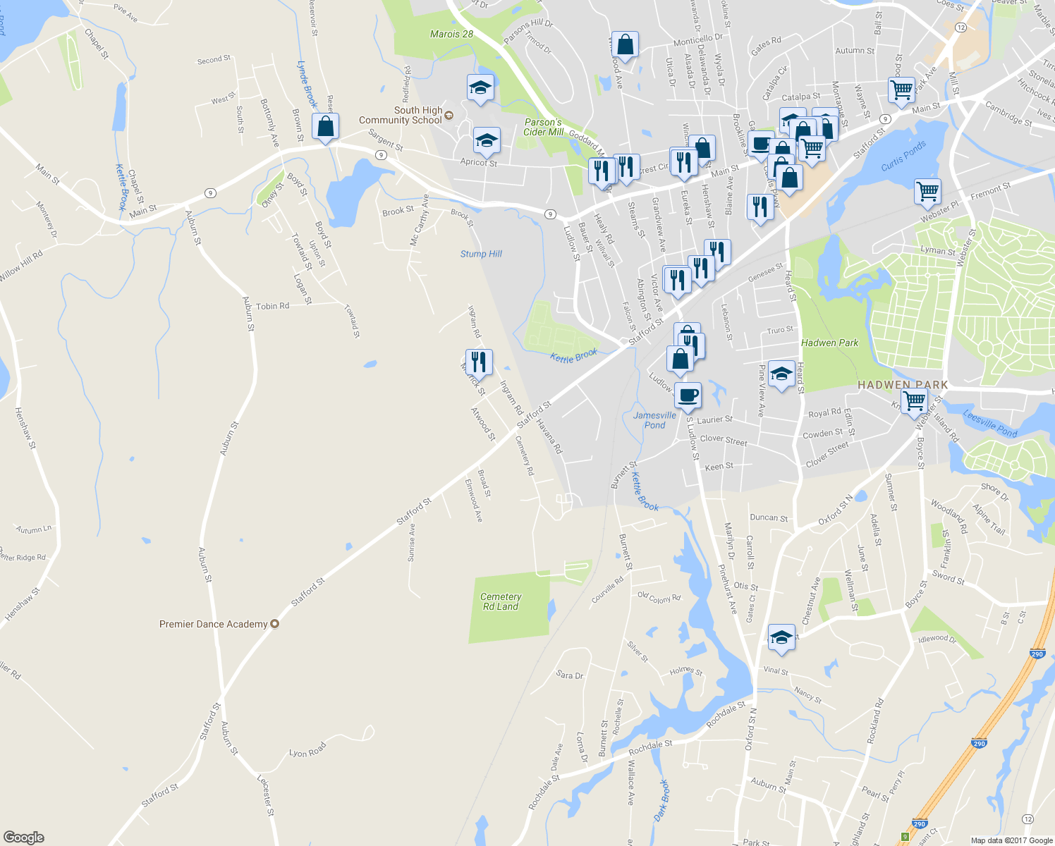 map of restaurants, bars, coffee shops, grocery stores, and more near 311 Stafford Street in Leicester
