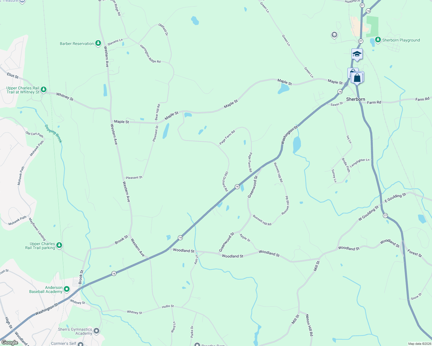 map of restaurants, bars, coffee shops, grocery stores, and more near 80 Old Orchard Road in Sherborn