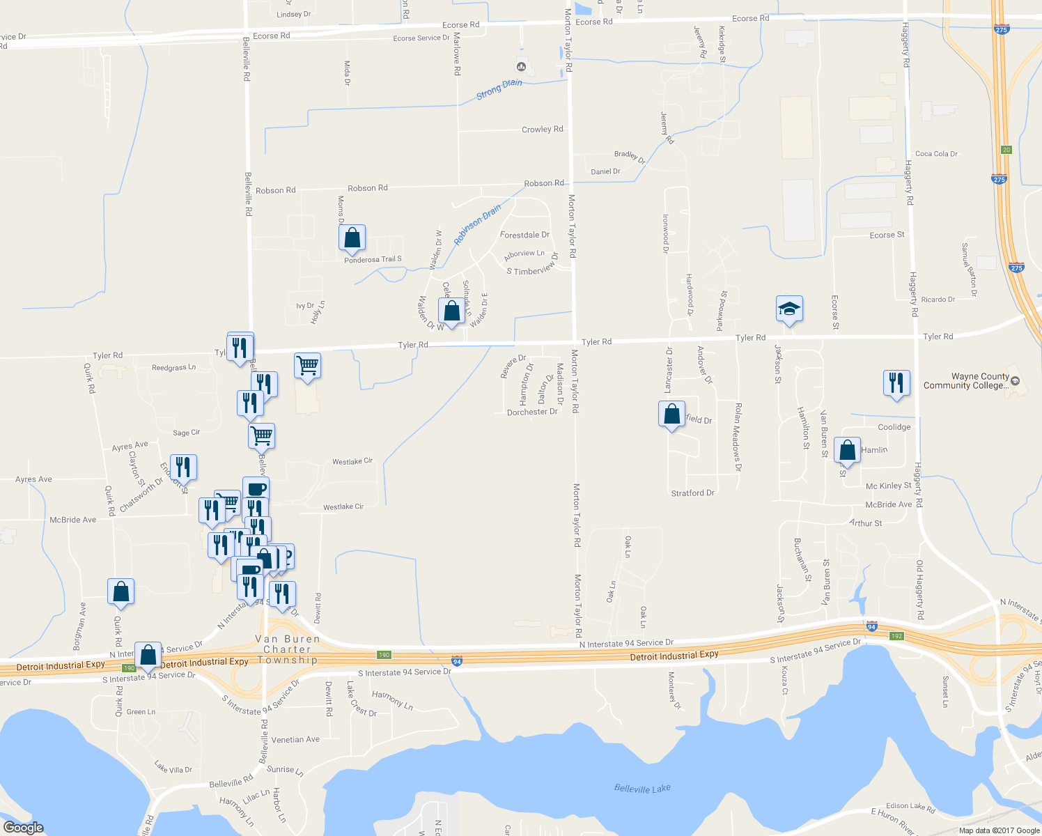 map of restaurants, bars, coffee shops, grocery stores, and more near 43593 Dorchester Drive in Belleville