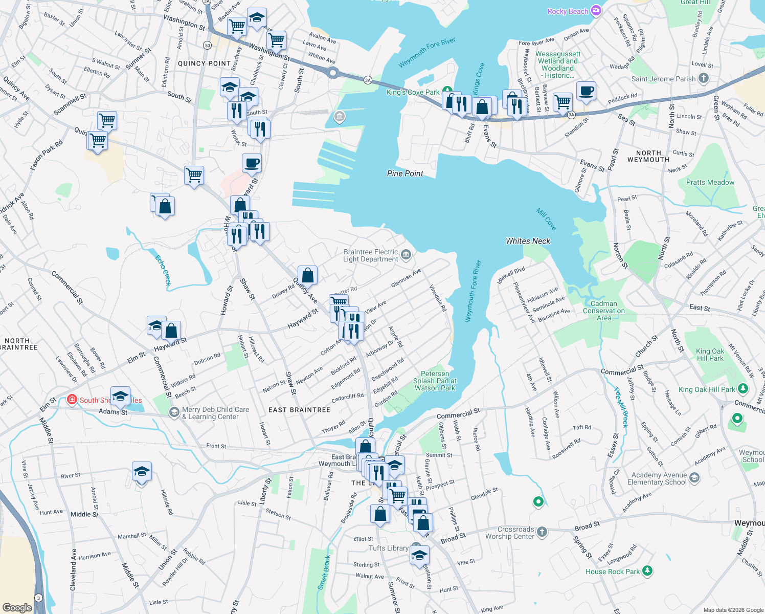 map of restaurants, bars, coffee shops, grocery stores, and more near 79 Pleasant View Ave in Braintree