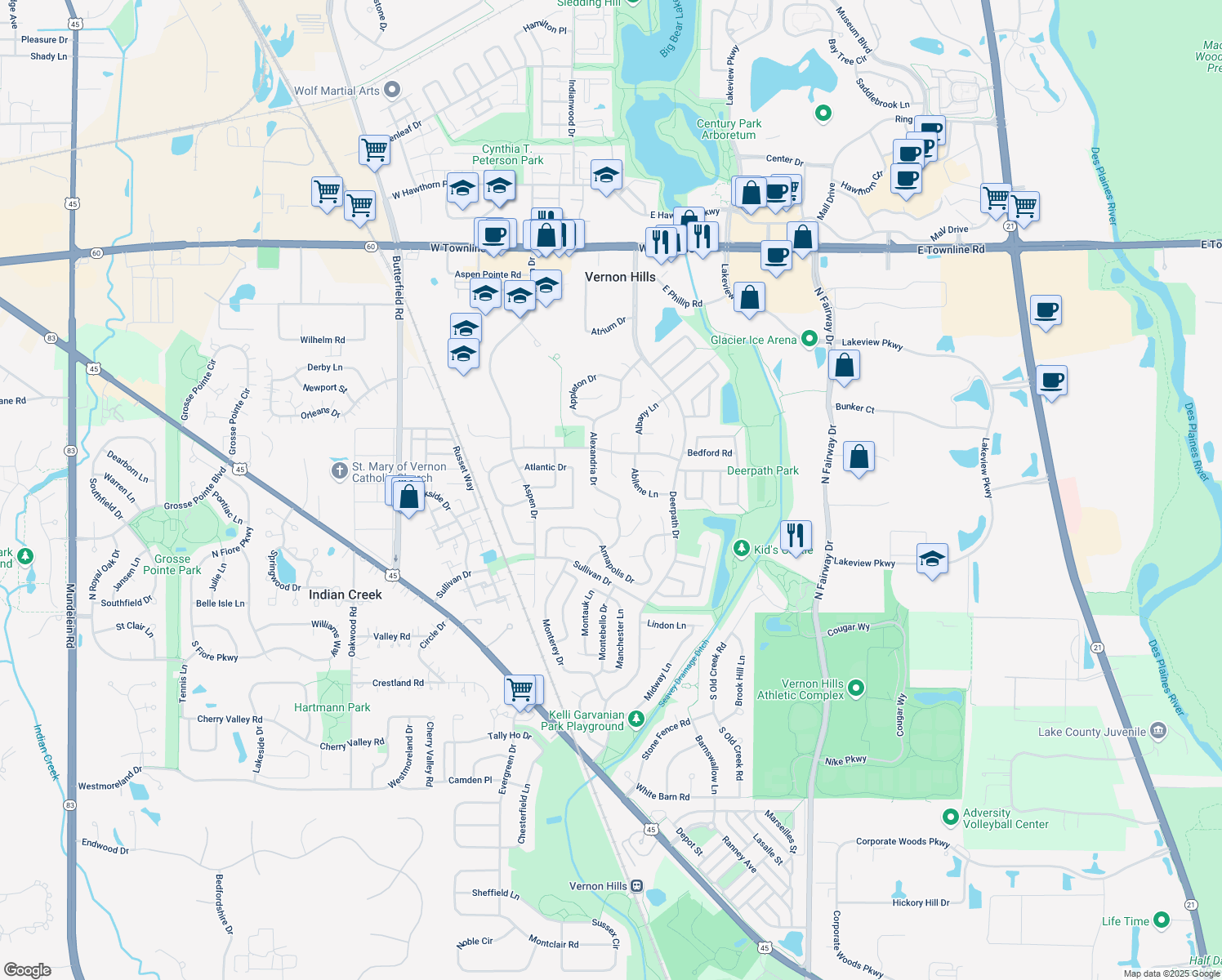 map of restaurants, bars, coffee shops, grocery stores, and more near 217 Alexandria Drive in Vernon Hills