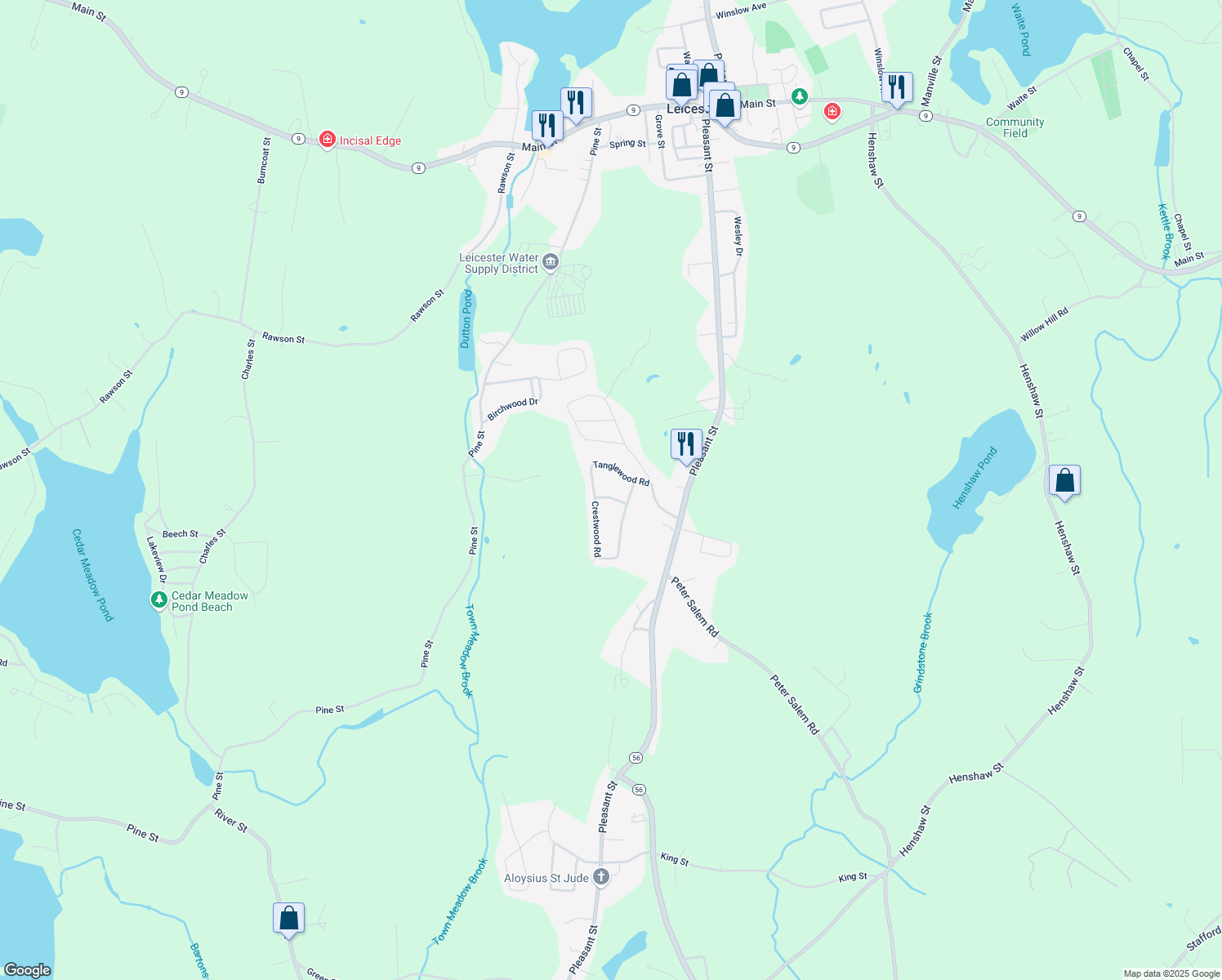 map of restaurants, bars, coffee shops, grocery stores, and more near 4 Knollwood Road in Leicester