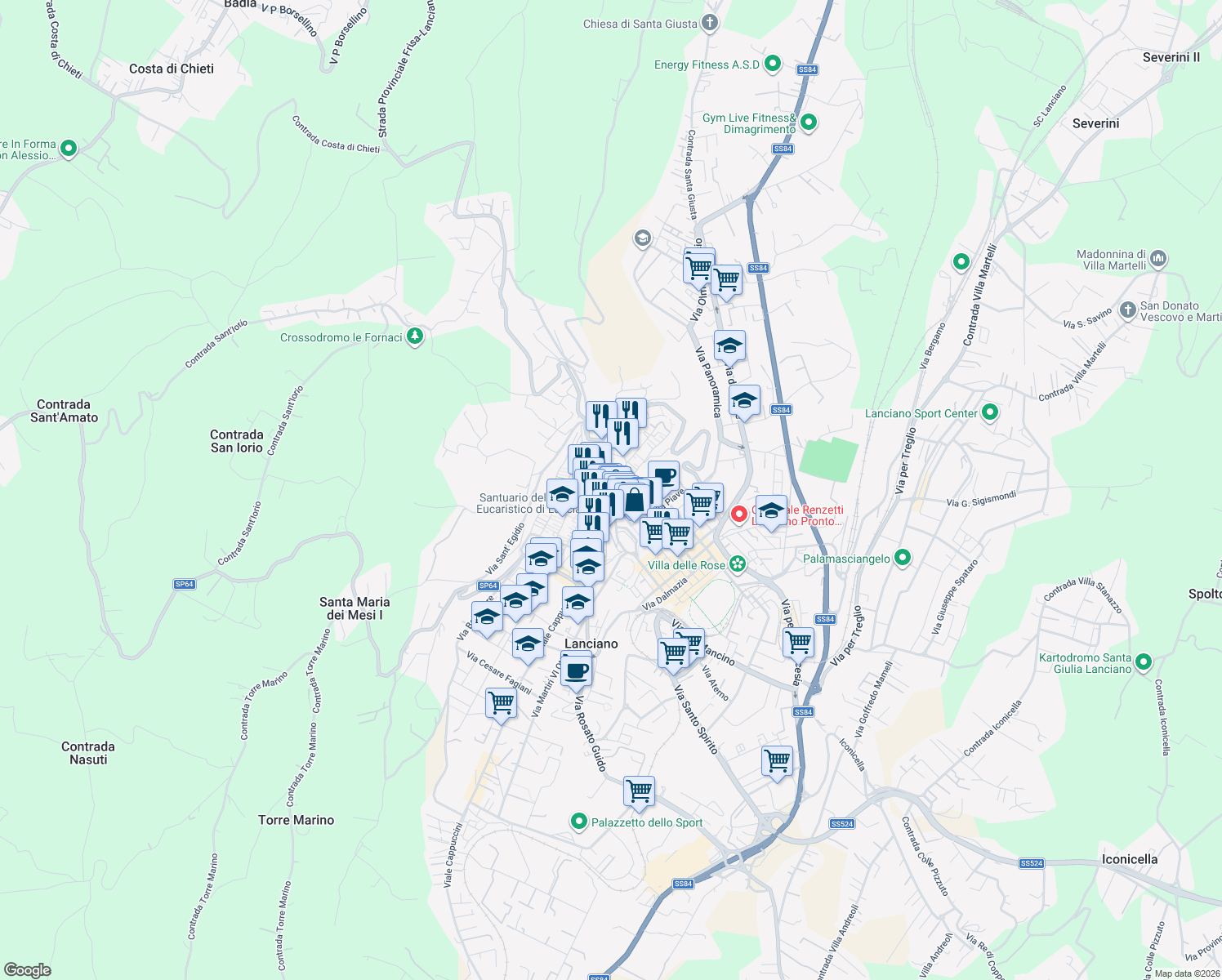 map of restaurants, bars, coffee shops, grocery stores, and more near 59 Piazza Plebiscito in Lanciano