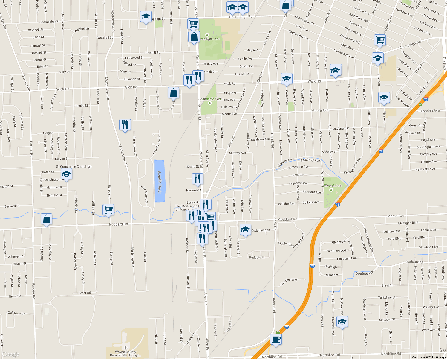 map of restaurants, bars, coffee shops, grocery stores, and more near 18936 Blair Court in Allen Park