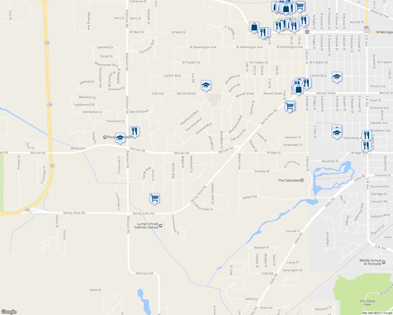map of restaurants, bars, coffee shops, grocery stores, and more near 2943 McCain Road in Jackson