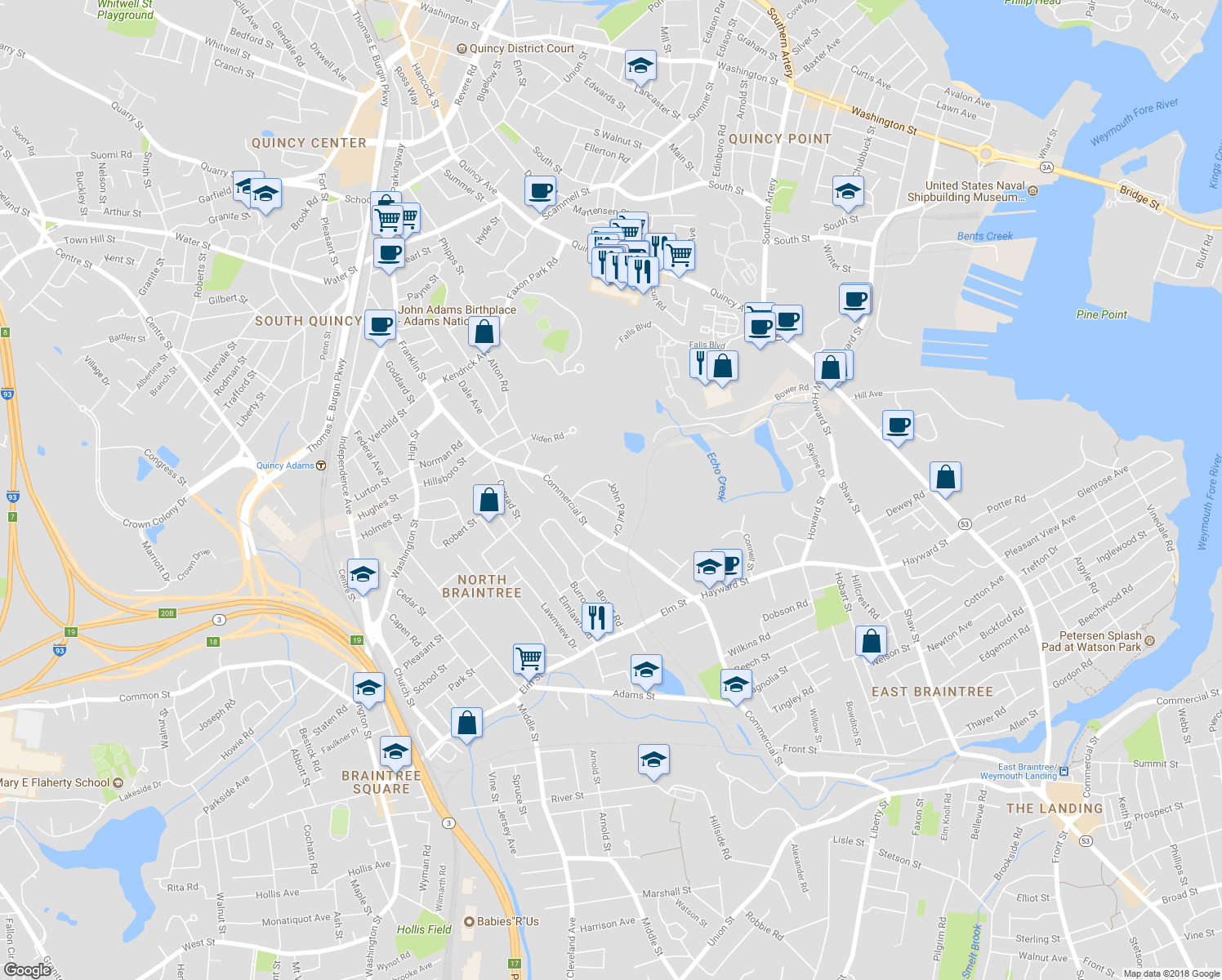 map of restaurants, bars, coffee shops, grocery stores, and more near 58 John Paul Circle in Braintree