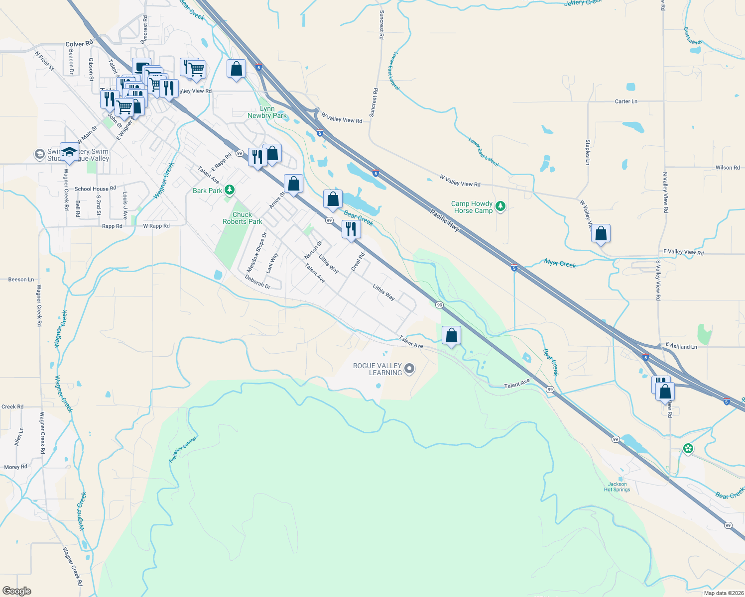map of restaurants, bars, coffee shops, grocery stores, and more near 128 Faith Circle in Talent