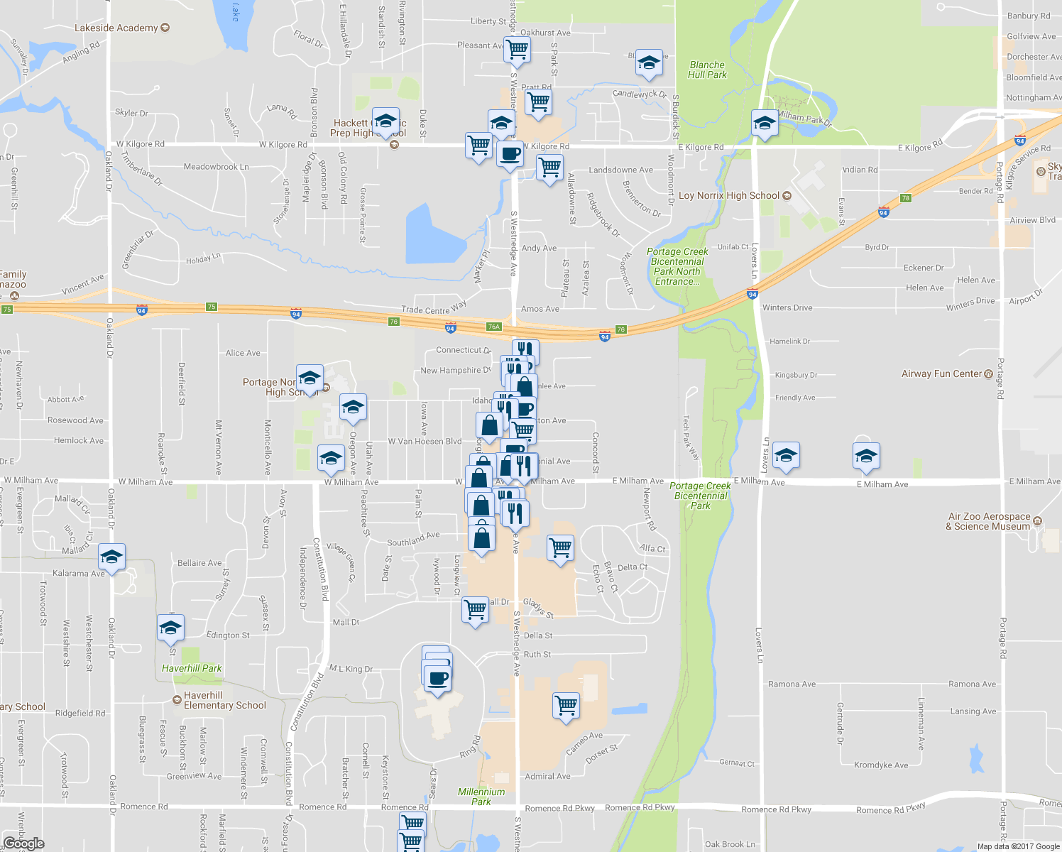 map of restaurants, bars, coffee shops, grocery stores, and more near 122 Boston Avenue in Portage