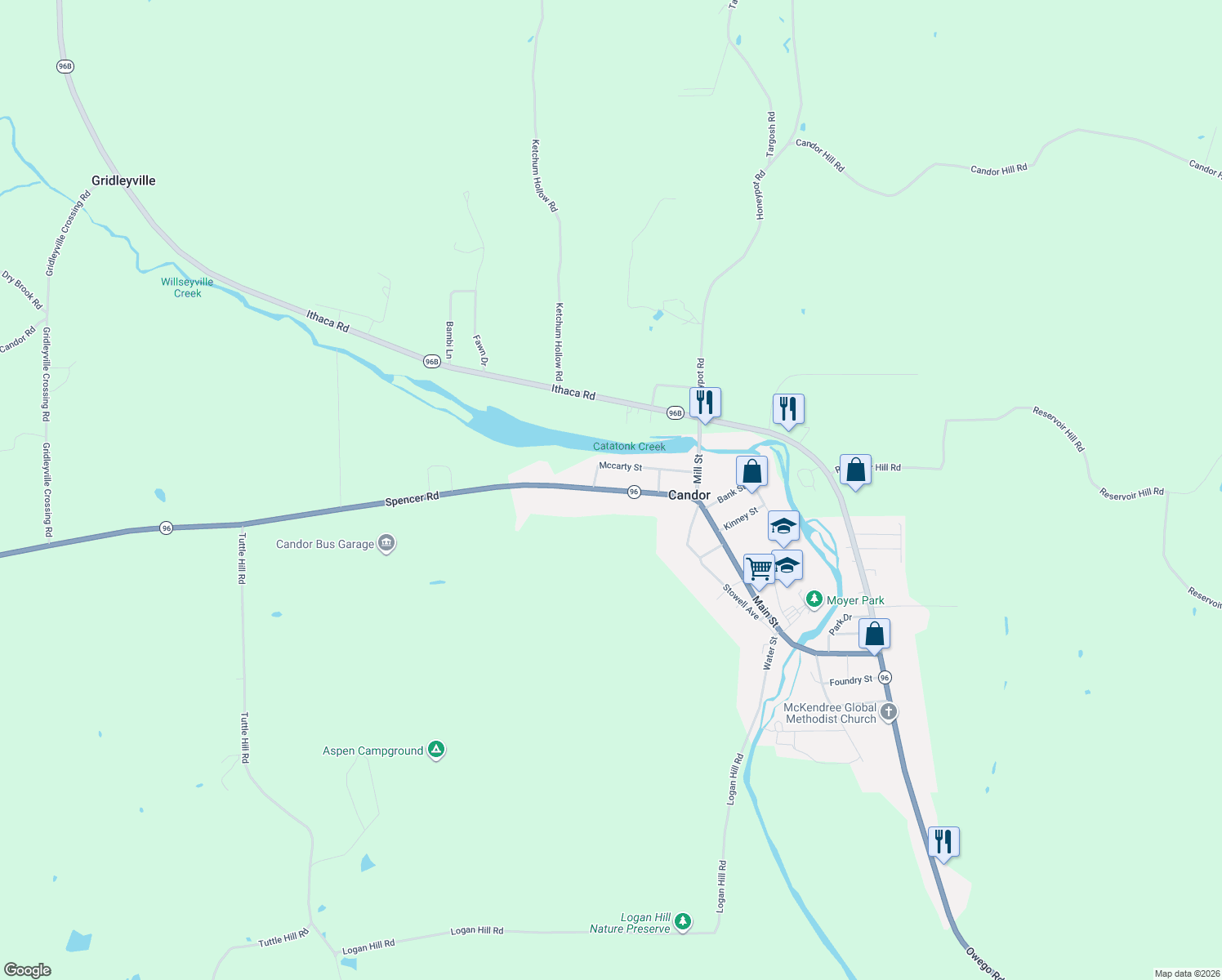 map of restaurants, bars, coffee shops, grocery stores, and more near 49 Spencer Road in Candor