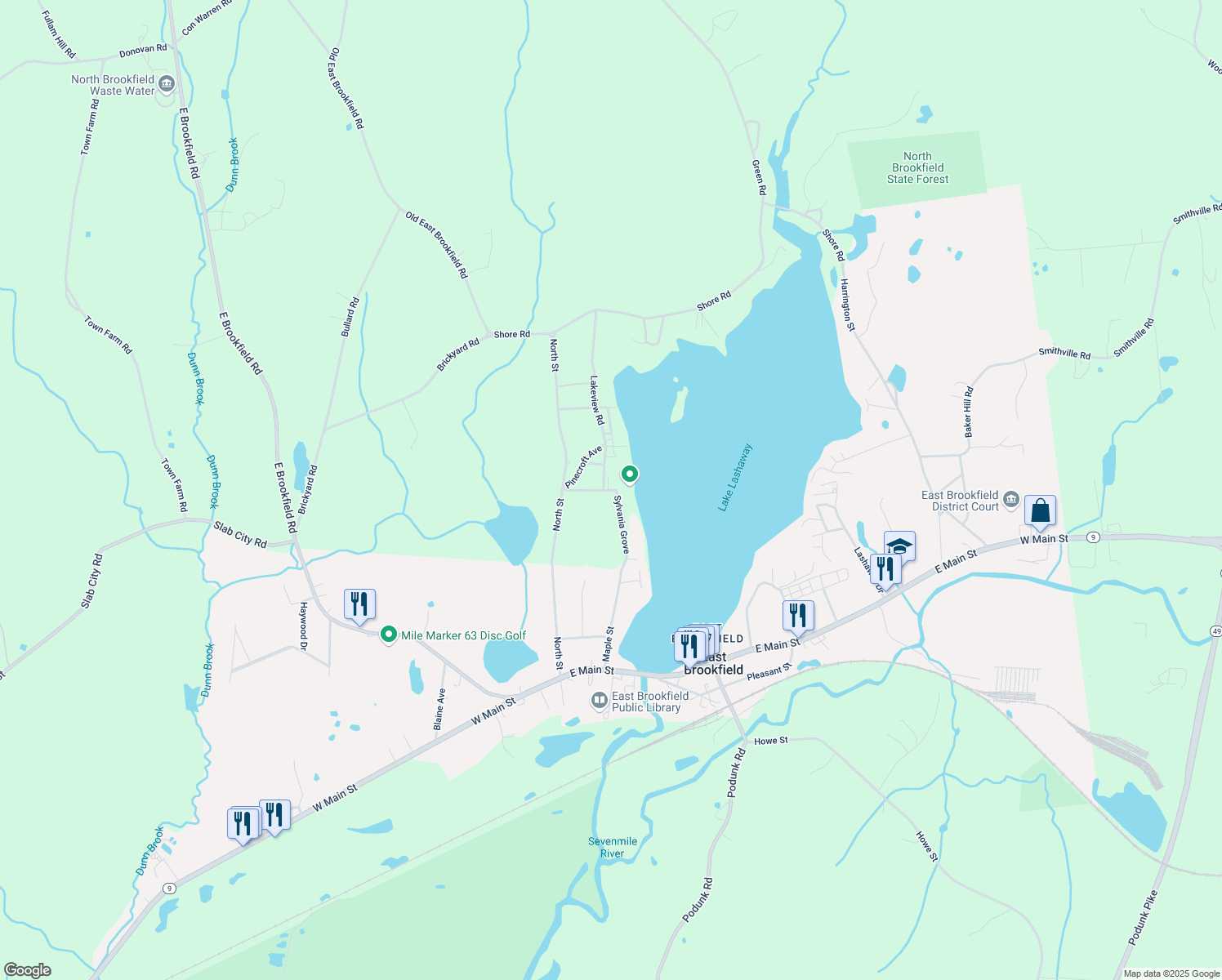map of restaurants, bars, coffee shops, grocery stores, and more near 10 Sylvania Grove in North Brookfield