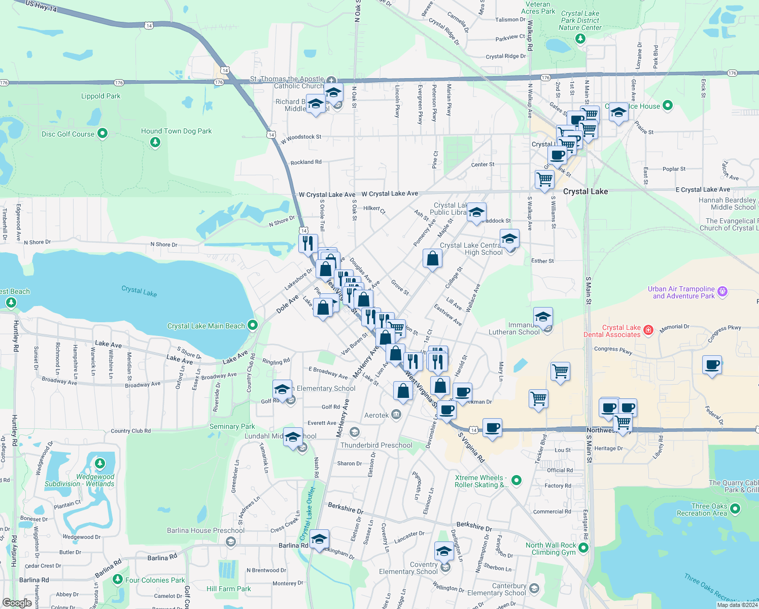 map of restaurants, bars, coffee shops, grocery stores, and more near 0 Crystal Lake Plaza in Crystal Lake