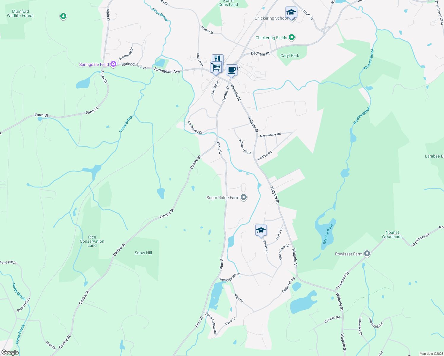map of restaurants, bars, coffee shops, grocery stores, and more near 2 Forest Street in Dover