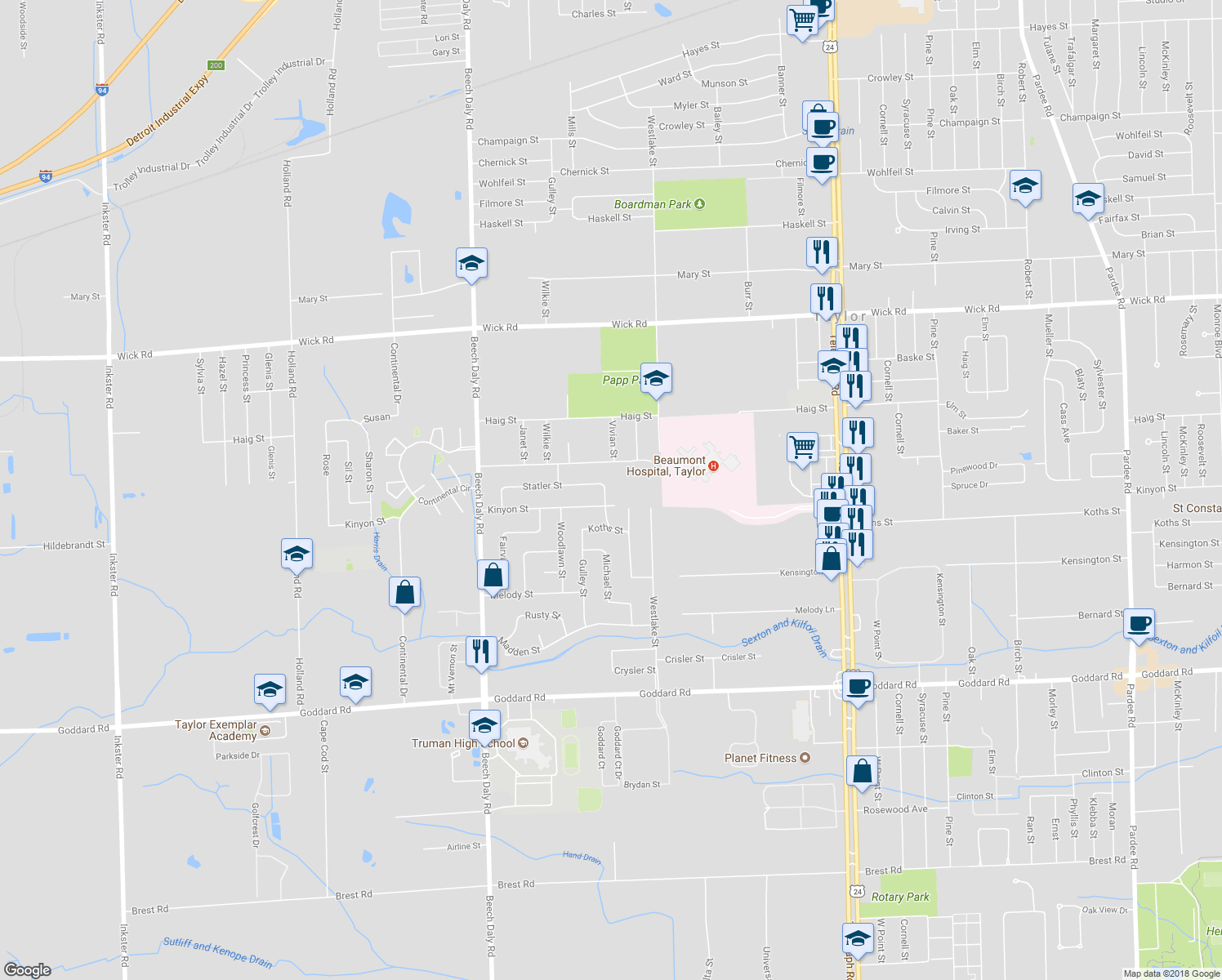 map of restaurants, bars, coffee shops, grocery stores, and more near 25348 Statler Street in Taylor