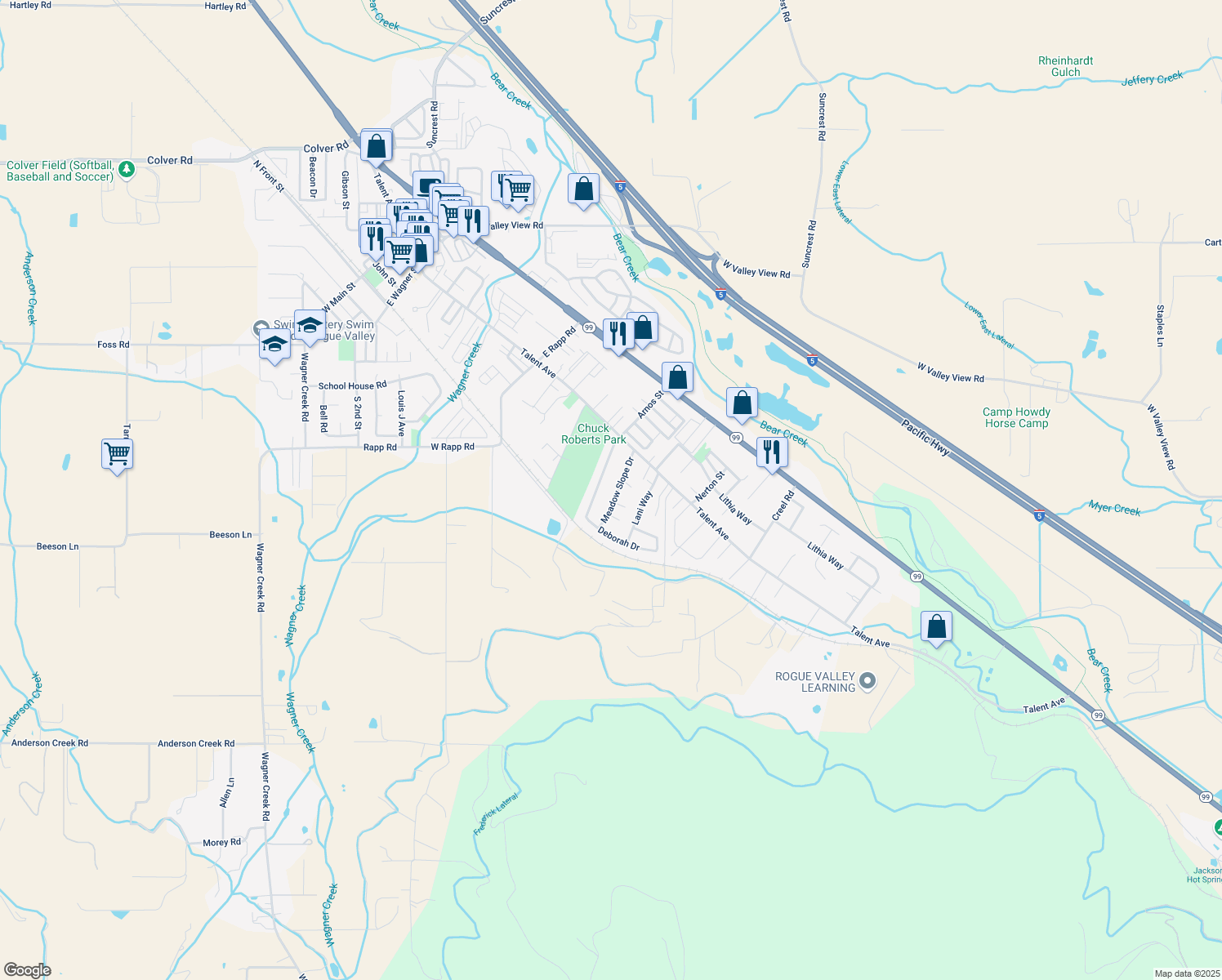 map of restaurants, bars, coffee shops, grocery stores, and more near 255 Meadow Slope Dr in Talent