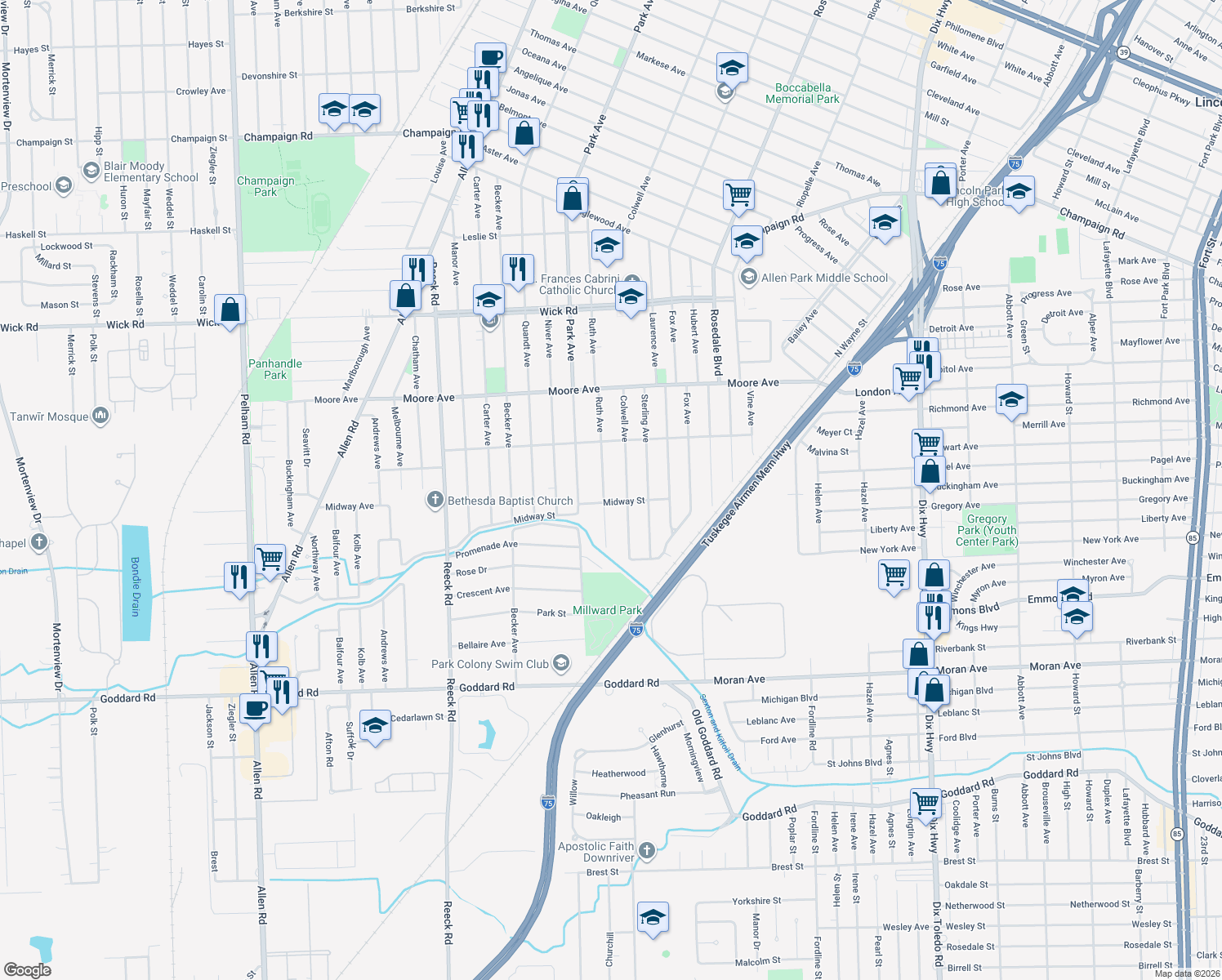 map of restaurants, bars, coffee shops, grocery stores, and more near 935 Ruth Avenue in Allen Park