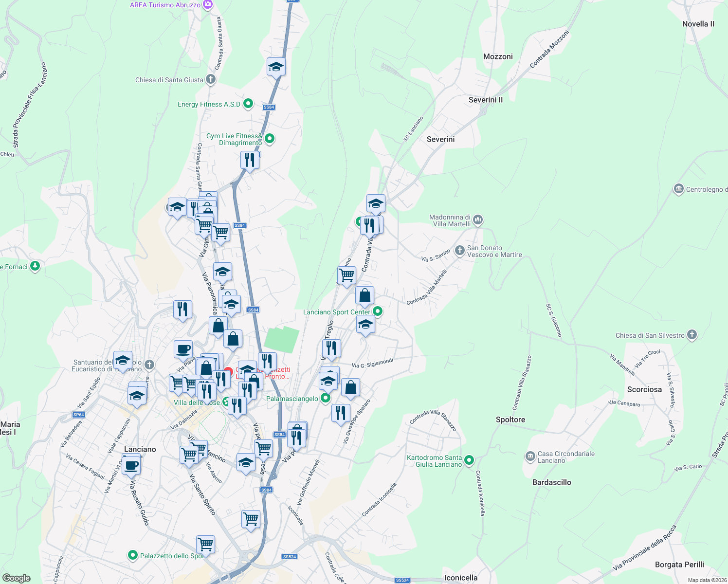 map of restaurants, bars, coffee shops, grocery stores, and more near 226 Contrada Villa Martelli in Lanciano