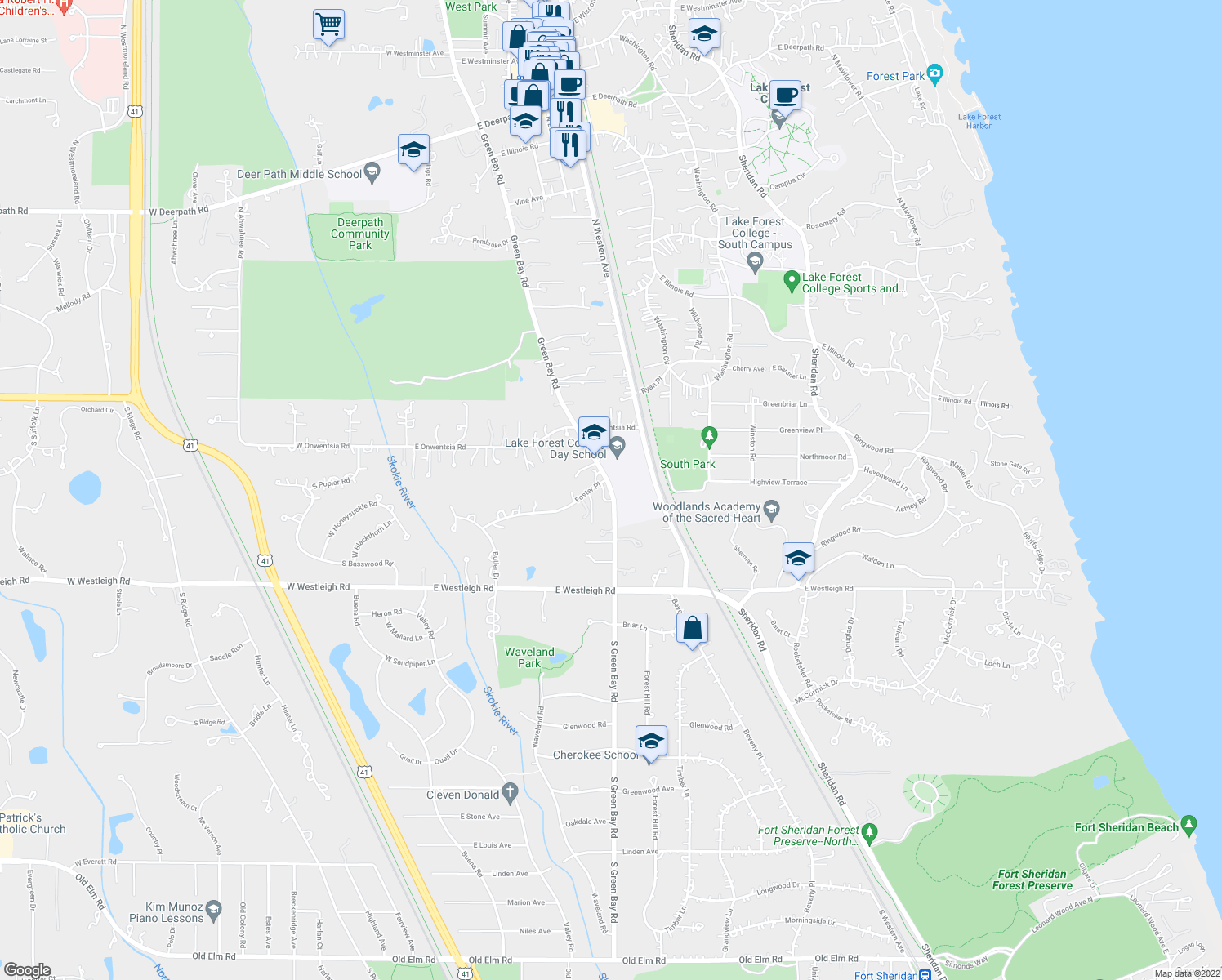 map of restaurants, bars, coffee shops, grocery stores, and more near 145 South Green Bay Road in Lake Forest