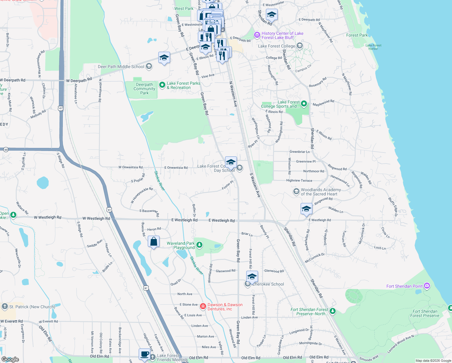 map of restaurants, bars, coffee shops, grocery stores, and more near 132 S Green Bay Rd in Lake Forest