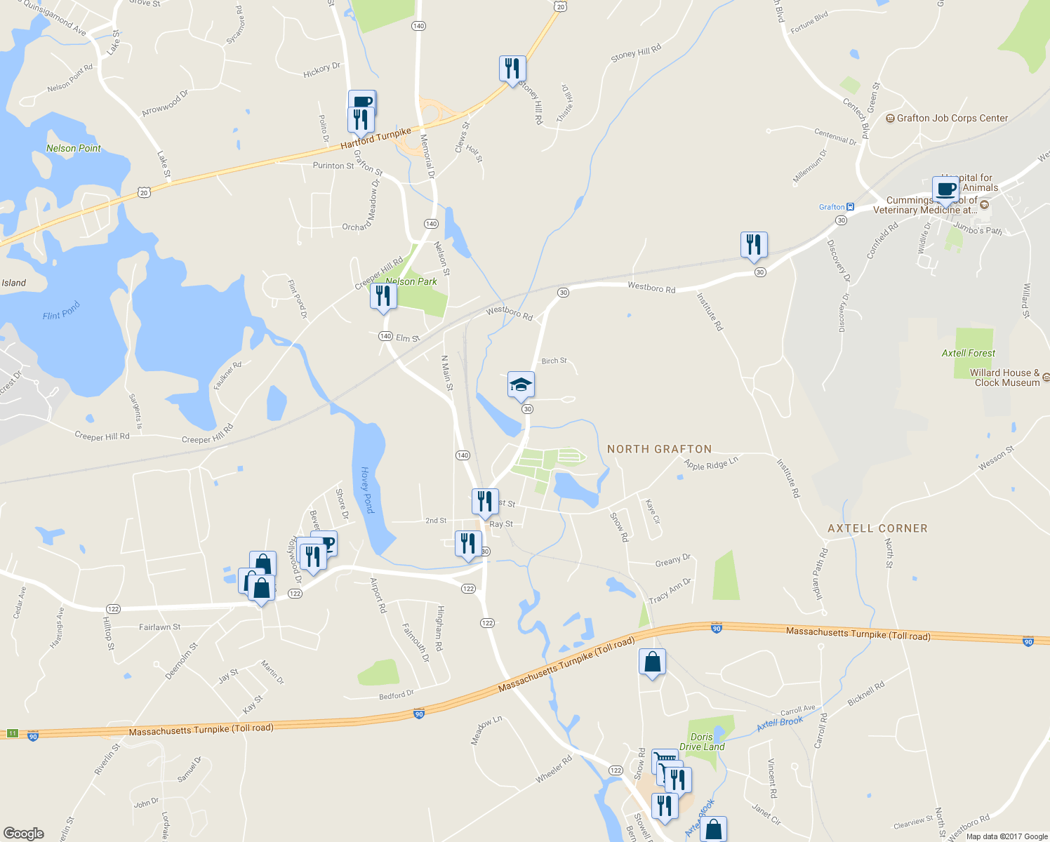map of restaurants, bars, coffee shops, grocery stores, and more near 37 Waterville Street in Grafton