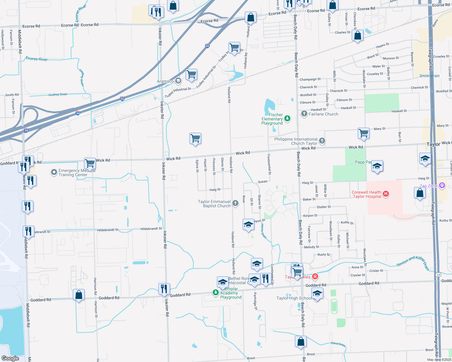map of restaurants, bars, coffee shops, grocery stores, and more near 9457 Glenis Street in Taylor