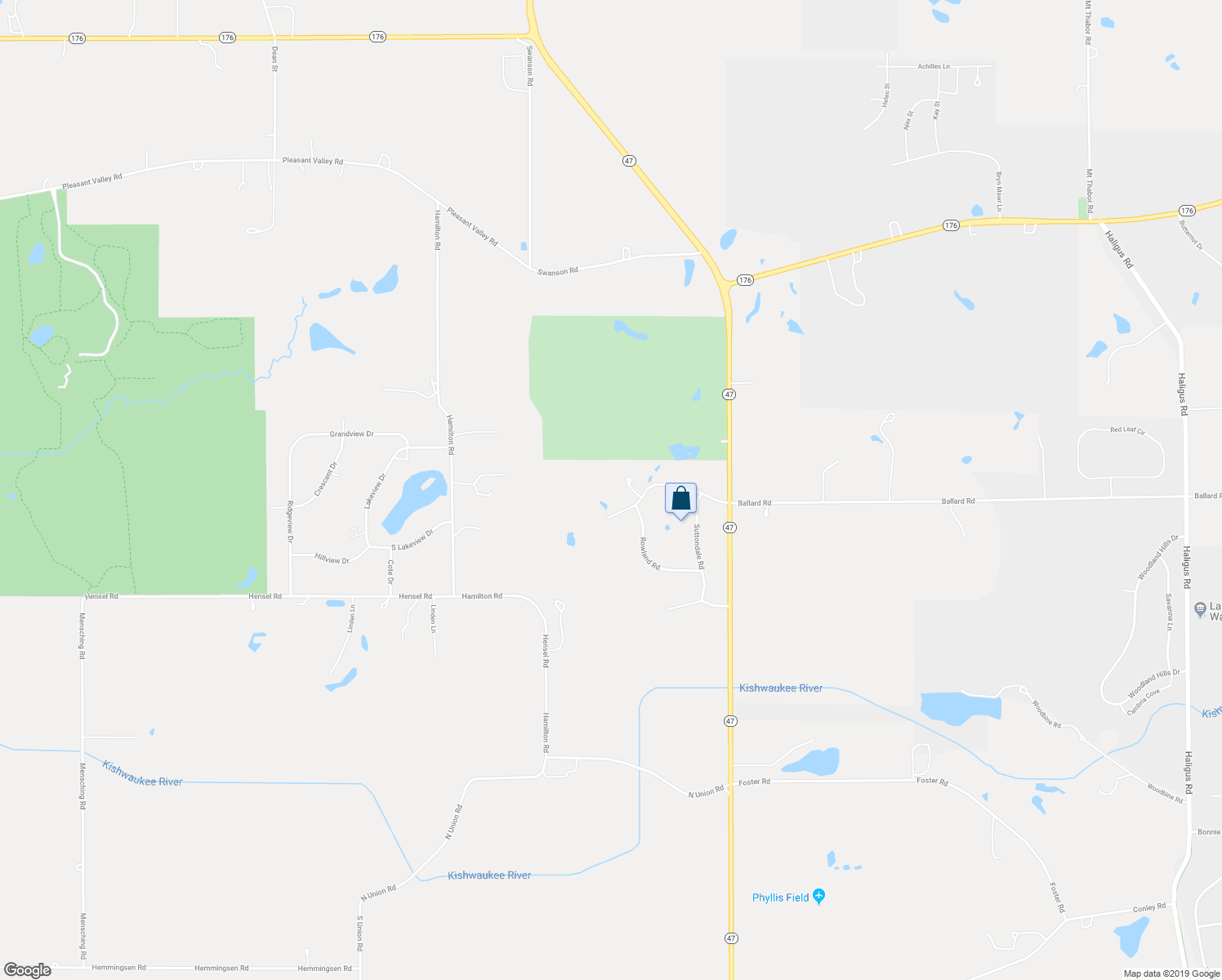 map of restaurants, bars, coffee shops, grocery stores, and more near 11832 Ballard Road in Huntley
