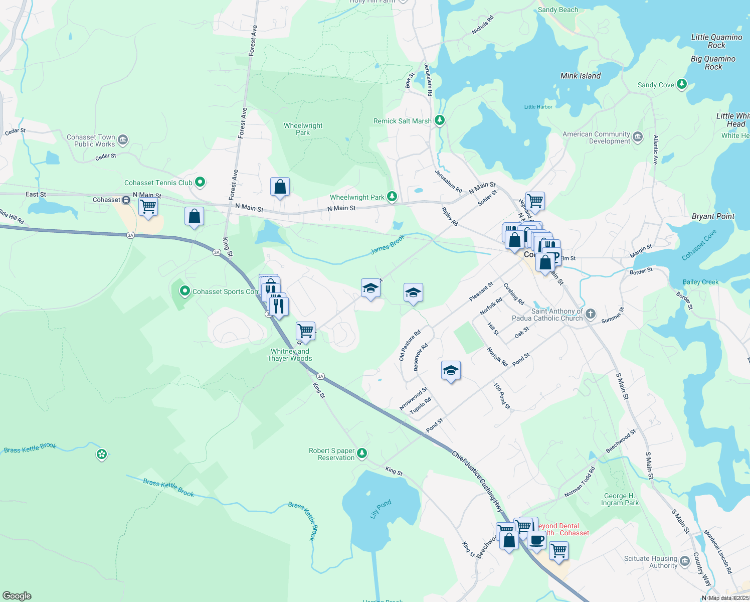 map of restaurants, bars, coffee shops, grocery stores, and more near 208 Sohier Street in Cohasset