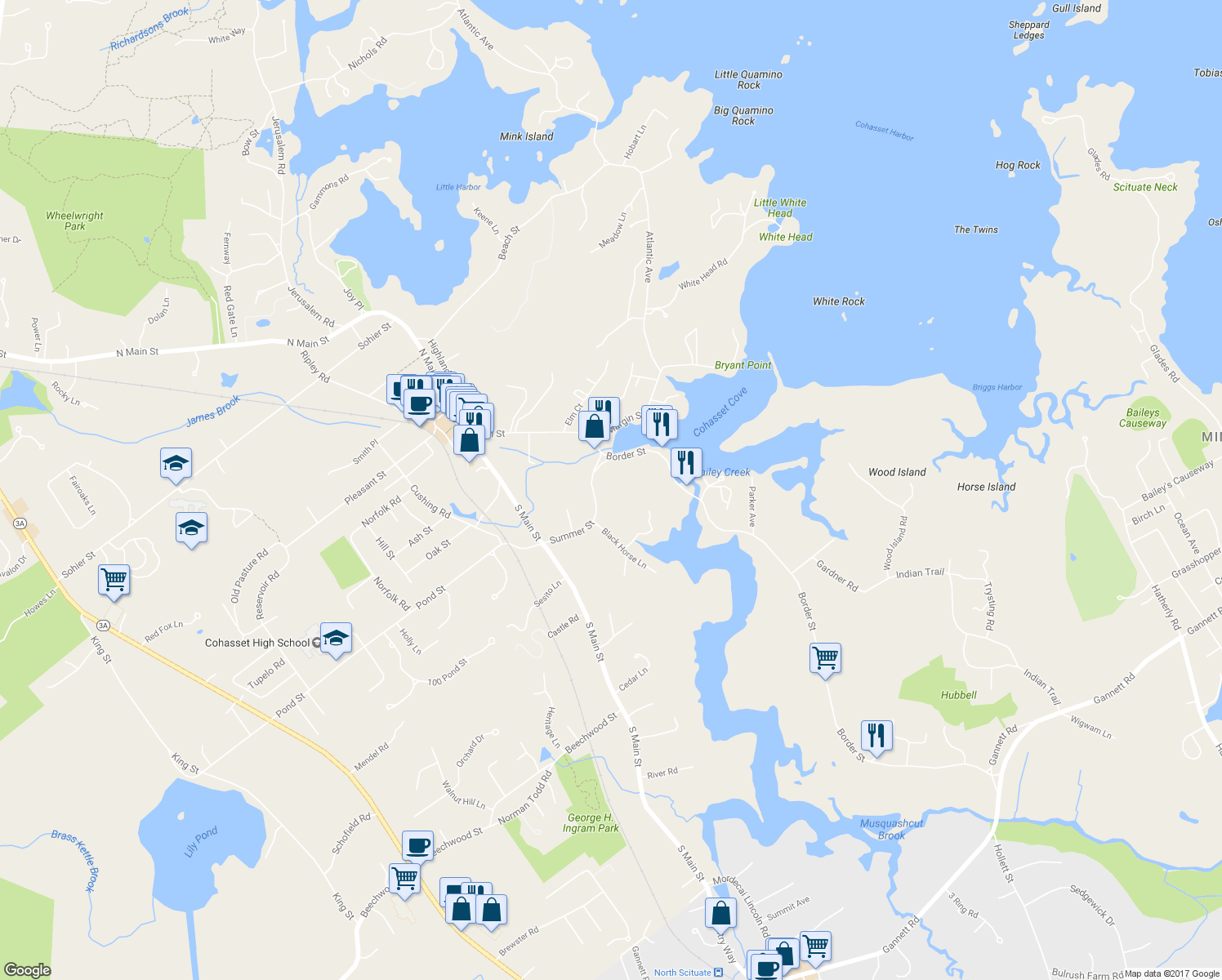 map of restaurants, bars, coffee shops, grocery stores, and more near 63 Summer Street in Cohasset