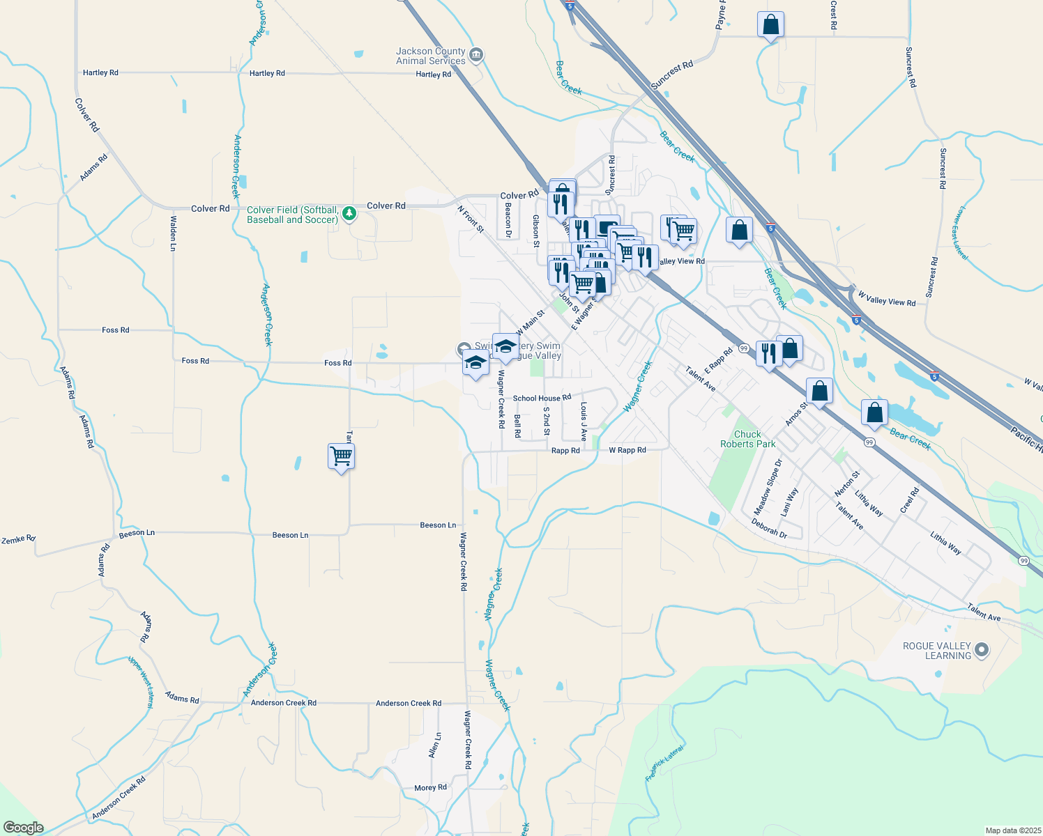 map of restaurants, bars, coffee shops, grocery stores, and more near 202 Jacob Circle in Talent