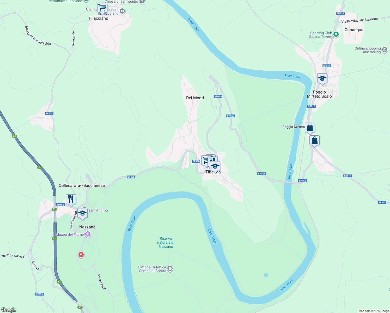 map of restaurants, bars, coffee shops, grocery stores, and more near 9 SP40b in Torrita Tiberina