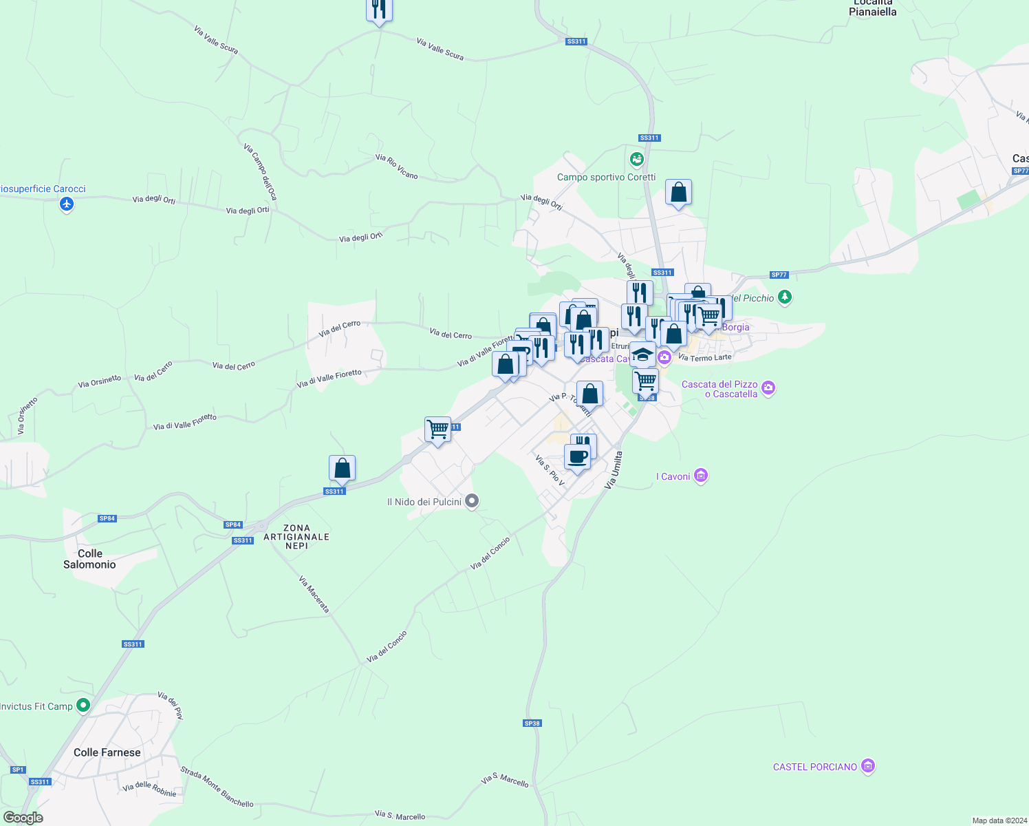 map of restaurants, bars, coffee shops, grocery stores, and more near 13 Via Enrico Menghini in Nepi